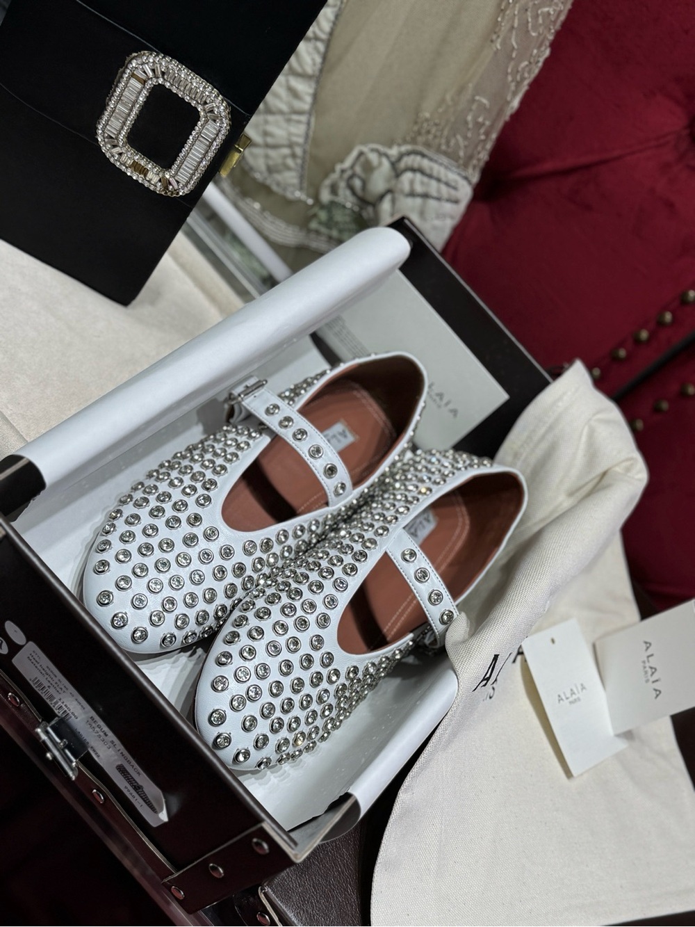 Alaïa White Jeweled Mary Jane Flat